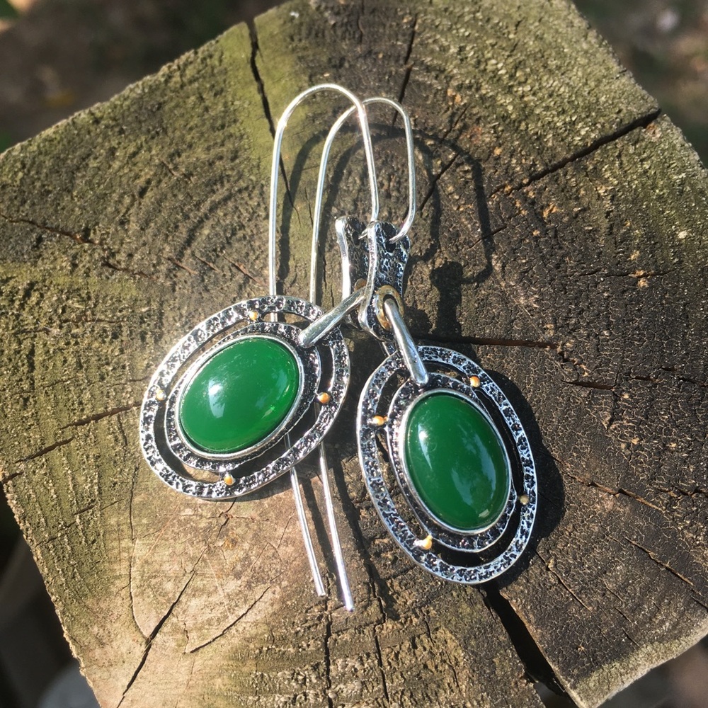 925 silver plated green stone dangle earrings